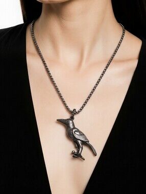 Gothic Nordic Black Raven Skeleton Pendant Necklace 24” Stainless Steel Fantasy
